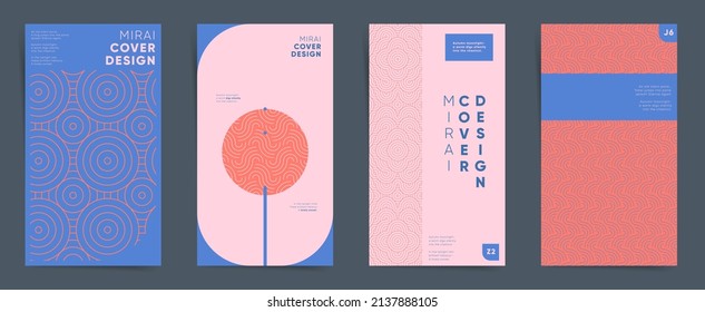 Geometric asian design vertical template set. Japanese swiss line art graphic layout for stories, brochure cover, post, flyer, leaflet, background. Decorative oriental floral pattern backdrops.