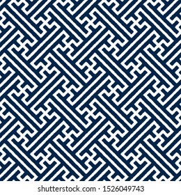Geometric asian indigo abstract seamless vector pattern including traditional korean or chinese motive with typical lines and elements