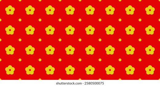 Geometric Asian line art seamless pattern with oriental traditional shapes flowers ornament, waves. Red and gold Japanese print for lunar chinese new year decoration. Luxury retro vector illustration.