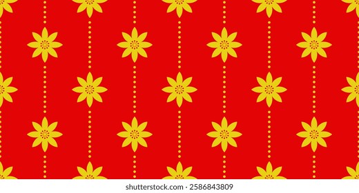 Geometric Asian line art seamless pattern with oriental traditional shapes flowers ornament, waves. Red and gold Japanese print for lunar chinese new year decoration. Luxury retro vector illustration.