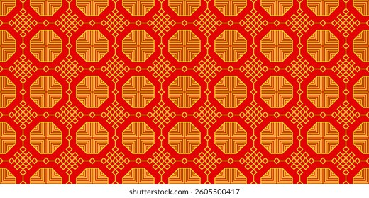 Geometric Asian line art seamless pattern with oriental traditional shapes flowers ornament, waves. Red and gold Japanese print for lunar chinese new year decoration. Luxury retro vector illustration.