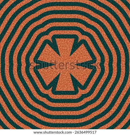 Geometric asterisk shape in orange with teal concentric ripple pattern. Vector illustration.