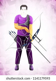 geometric athlete archer with bow. Cartoon vector illustration of man with bow and arrow shout to the target. Boy Archer Gamer.