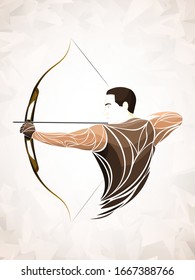 geometric athlete archer with bow. Cartoon vector illustration of man with bow and arrow shout to the target. Boy Archer Gamer.