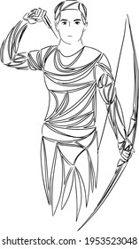 geometric athlete archer with bow. Cartoon vector illustration of man with bow and arrow shout to the target.