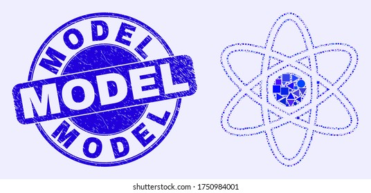 Geometrisches Atom Modell mosaic Piktogramm und Modell-Siegel Stempel. Blauer Vektor rund Stress Siegel mit Modelltitel. Abstrakte Zusammensetzung des Atom-Modells, organisiert aus sphärischer, dreieckiger,