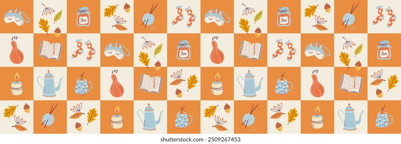 Patrón sin costuras de Elementos cómodos geométricos de otoño. Impresión a cuadros estilo Hygge. Un mosaico. Lindo fondo de otoño. Ilustración vectorial de diseño plano dibujado a mano.
