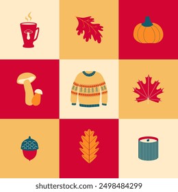 Geometric autumn cozy seamless pattern. Ugly sweater, fall leaves, pumpkin, candle, hot drink, mushrooms. Hygge. Patchwork. Fall vector background, wallpaper, backdrop.