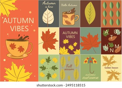 Geometric autumn mosaic. Autumn bright leaves, mug with hot chocolate. Colorful mosaic Thanksgiving card in vector format.