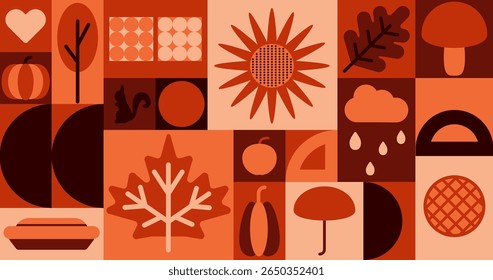 Geometric autumn pattern for Thanksgiving design. Abstract season sale background graphic with pumpkin, pie and oak leaf. Decorative invitation or creative promotion mosaic with mushroom and sunflower
