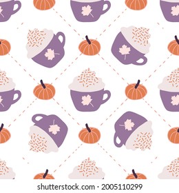 Geometric Autumn Pumpkins and Coffee Seamless Pattern Background