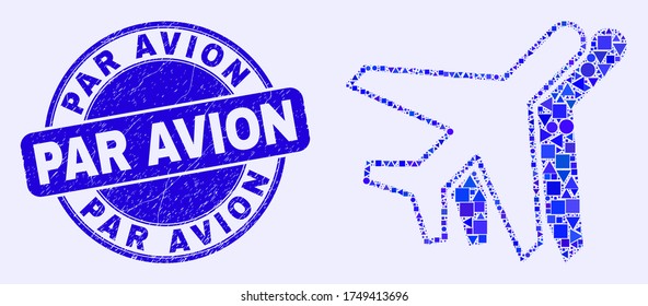 Geometric aviation mosaic pictogram and Par Avion seal stamp. Blue vector round distress stamp with Par Avion text. Abstract mosaic of aviation combined of spheric, triangles, square geometric spots.