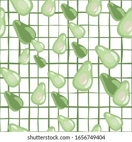 Geometric avocado seamless pattern on stripes background. Vegetarian healthy food wallpaper. Design for fabric, textile print, wrapping paper, kitchen textiles. Trendy vector illustration