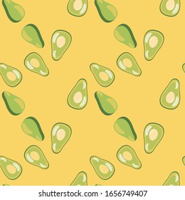Geometric avocado seamless pattern on yellow background. Vegetarian healthy food wallpaper. Design for fabric, textile print, wrapping paper, kitchen textiles. Trendy vector illustration