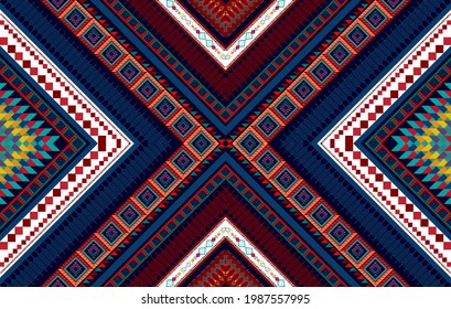 Geometric Aztec ikat seamless pattern. Indian fabric carpet ornament native boho mandalas African American textile decoration wallpaper. Ethnic patterns embroidery vector illustrations background .