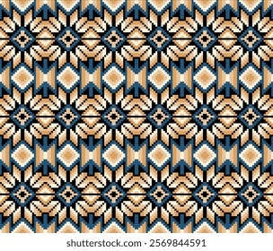 Geometric Aztec pixel seamless pattern. Tribal South Western n colorful tone. Vector seamless pattern for carpet, wrapping paper, wallpaper, embroidery, background.