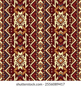 Geometric Aztec seamless pattern. Tribal South Western decor. Warming colorful tone. Vector seamless pattern for woven carpet, wallpaper, background, wrapping paper.