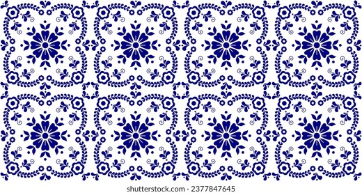 Geometrische Azulejo-Fliesen nahtlose Vektorgrafik in Blau und Weiß, portugiesische oder spanische Retro-Mosaikfliesen, türkisfarbene mediterrane, traditionelle Blumendesign-Zierhintergrund-Design.