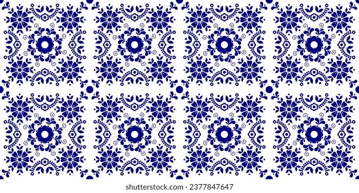 Geometric Azulejo tiles seamless vector pattern in blue and white, Portuguese or Spanish retro mosaic tiles, Mediterranean turquoise traditional floral design ornamental textile background design.