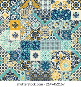 Geometric Azulejos ceramic tiles patchwork wallpaper abstract vector seamless pattern 