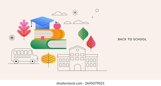 Geometric Back to School sale poster, banner and flyer template. Modern vector illustration and concept design combining colorful and linear graphic elements.