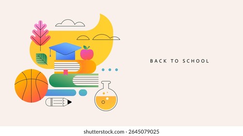 Geometric Back to School sale poster, banner and flyer template. Modern vector illustration and concept design combining colorful and linear graphic elements.