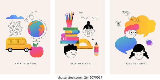 Geometric Back to School venda cartaz vertical, banner e modelo de folheto. Ilustração vetorial moderna e design de conceito combinando elementos gráficos coloridos e lineares.