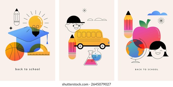 Geometric Back to School venda cartaz vertical, banner e modelo de folheto. Ilustração vetorial moderna e design de conceito combinando elementos gráficos coloridos e lineares.