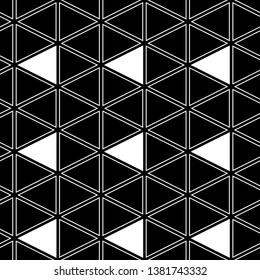 Geometric backdrop. Triangles pattern. Triangular shapes wallpaper. Figures background. Polygons motif. Digital paper, textile print, web design, abstract. Seamless ornament. Vector.