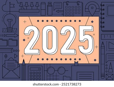 Geometric background of 2025 new year. Business, office work concept with creative flat pattern with books, calendar, pen, paper notebook. 2025 year banner with geometric pattern, vector illustration
