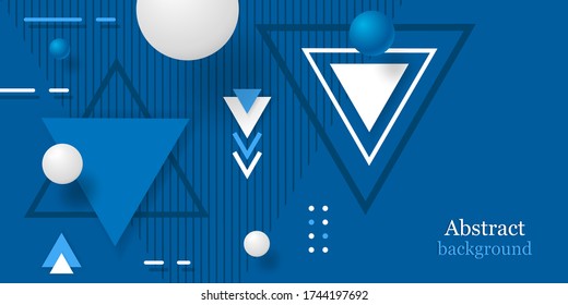Fondo geométrico 3D. Resumen de fondo azul con esferas y triángulos. Formas geométricas de ilustración vectorial. Banner horizontal. Tarjeta de diseño, portada, papel pintado.