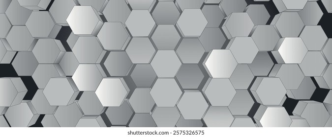 Geometric background with a 3D hexagonal pattern. The background is silver and gray, featuring a metallic texture and modern style. 3D hexagon pattern background. Gray background vector.