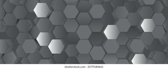 A geometric background with a 3D hexagonal pattern. The background is dark gray with a metallic texture, featuring various gray shades. 3D hexagon pattern background. Gray background vector.