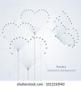 Geometric background with abstract flowers in a shape of hearts and butterfly. Vector illustration.