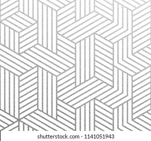 Geometric background with abstract linear 3D cubes pattern. Vector silver foil texture with linear glittery pattern on white