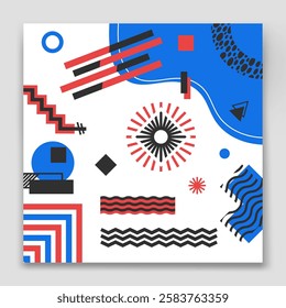 Geometric background. Abstract Memphis card. Social media post backdrop. Contemporary minimalist graphic. Geometry brutalism elements. Simples figure, modern shapes. Lines waves. Vector illustration