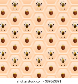 Geometric background with bees and buckets of honey. Vector illustration.