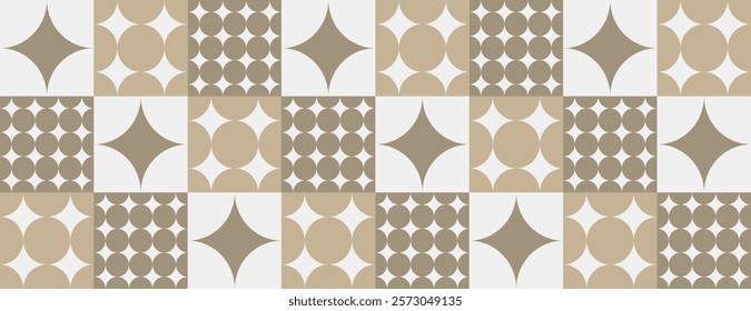 Geometric background with beige and white patterns. Beige circles and stars create a retro style background with a beige and white theme. Minimal retro geometric star pattern vector background