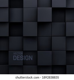 Geometric background of black cubic shapes. Vector architectural illustration. Random tiles geometric backdrop. Dark mosaic wall