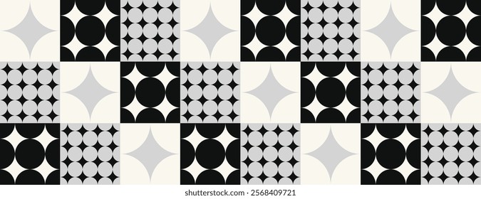 Geometric background with black and gray patterns. The background features repeating circles and stars in black and gray tones. Minimal retro geometric star pattern vector background