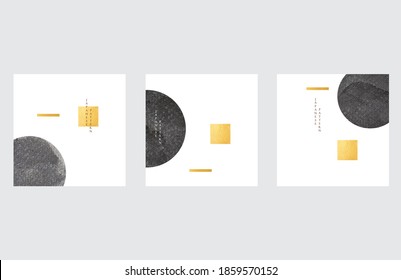 Geometric background with black texture vector. Circle shape with gold foil texture. Abstract template in Japanese style.