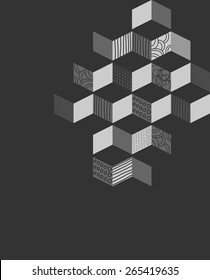 Geometric background in black,white & grey. Strips, strokes, circles, lines, doodle.  Hand drawn. Vector.