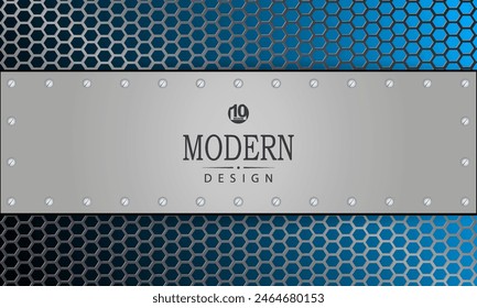 Geometric background of blue color with metal mesh and frame with bolts.