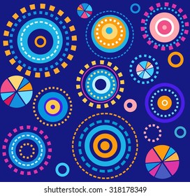 Geometric background, blue, colored circles, fireworks, seamless,  abstract. The geometric pattern of colored circles on a blue background. Children's background, fireworks. Print. 