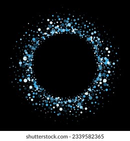 Geometric background of blue confetti, dots on dark background, round frame, design element