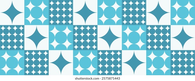 Geometric background with blue and teal patterns. The background features repeating blue shapes on a smooth texture. Minimal retro geometric star pattern vector background