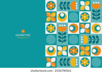 A geometric background with bright colors of teal, orange, yellow, and white. The design includes a grid of various floral, leaves, and circles. On the left side, there is free space for text design.