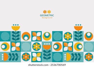 Um plano de fundo geométrico com cores brilhantes de azul-petróleo, laranja, amarelo e branco. O design inclui uma grade de vários florais, folhas e círculos. Na parte superior, há espaço livre para o design de texto