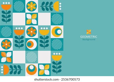 A geometric background with bright colors of teal, orange, yellow, and white. The design includes a grid of various floral, leaves, and circles. On the right side, there is free space for text design 