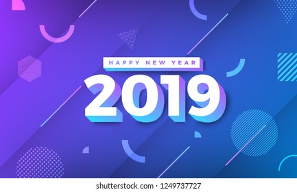 Geometric background btight color. Template design poster banner website.Greeting card with inscription Happy New Year 2019. Vector Illustrations.
